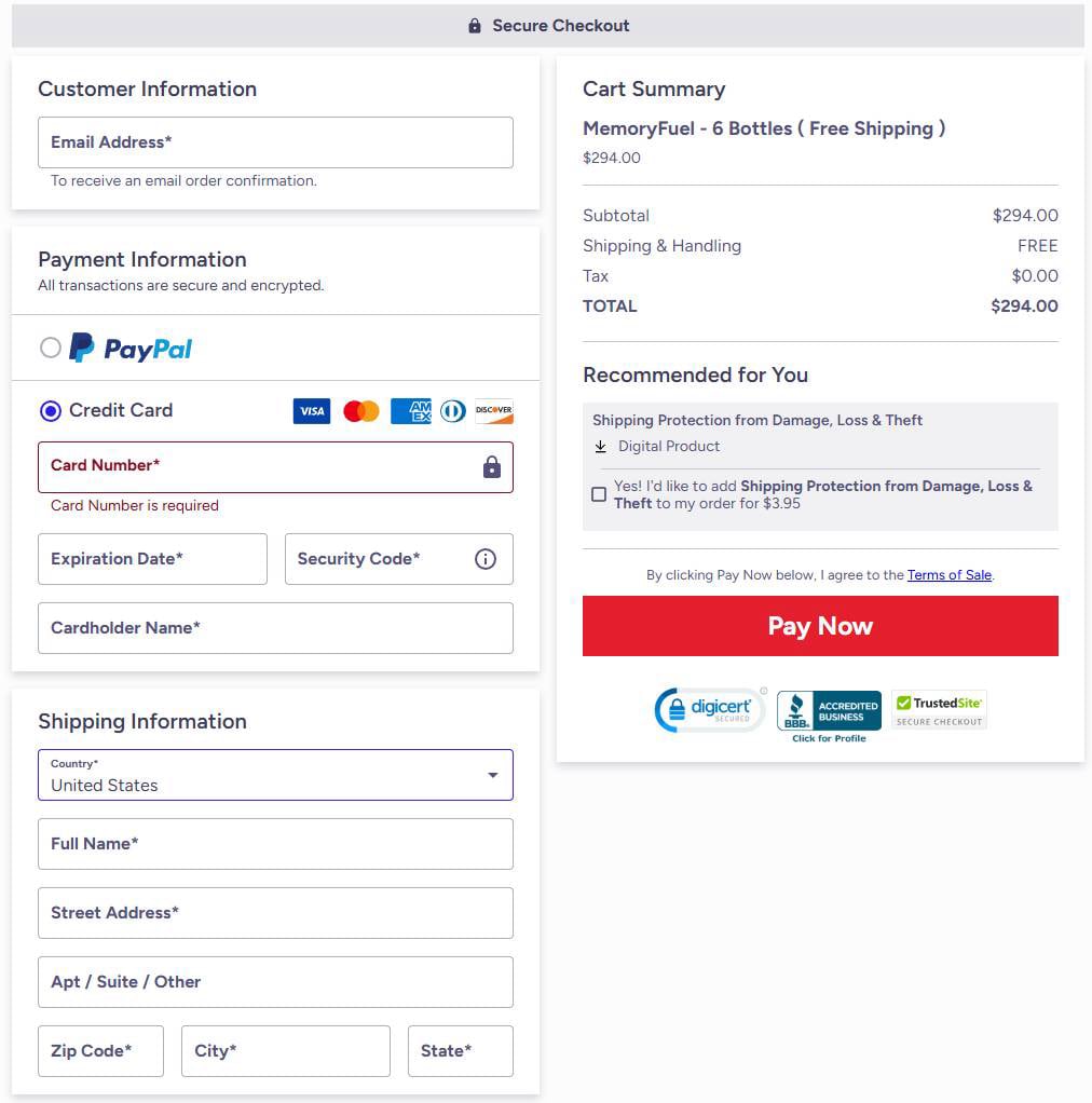 MemoryFuel  Cart Section